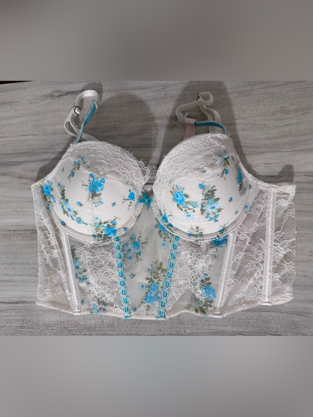 NWT Victoria's Secret White Bustier Bra with Blue Floral Print Size M